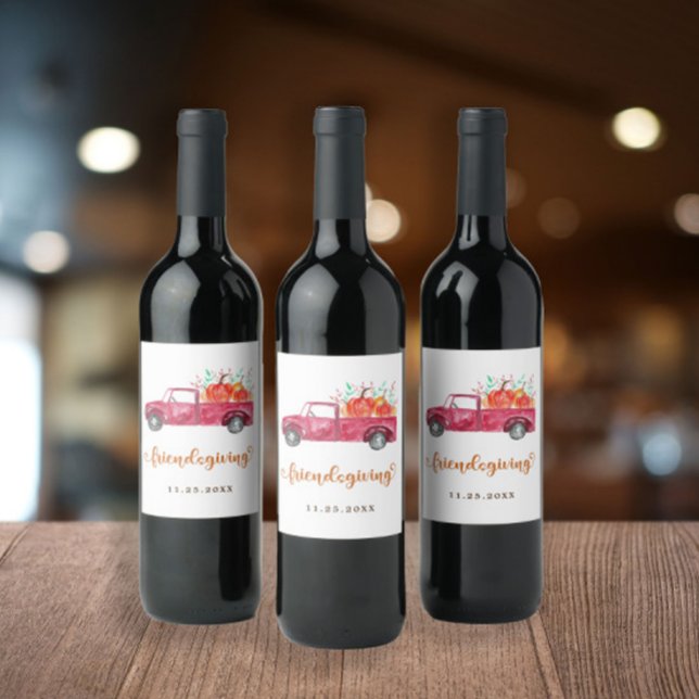 Friendsgiving Red Pickup Truck Pumpkin Script Wine Label (Creator Uploaded)