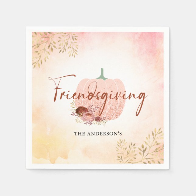 Friendsgiving Rose Gold Glitter Pumpkin Napkins (Front)