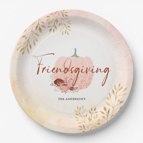 Friendsgiving Rose Gold Glitter Pumpkin Paper Plates