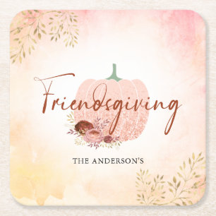 Friendsgiving Rose Gold Glitter Pumpkin Square Paper Coaster