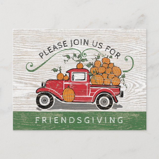 Friendsgiving Rustic Vintage Truck Pumpkins Invitation Postcard (Front)