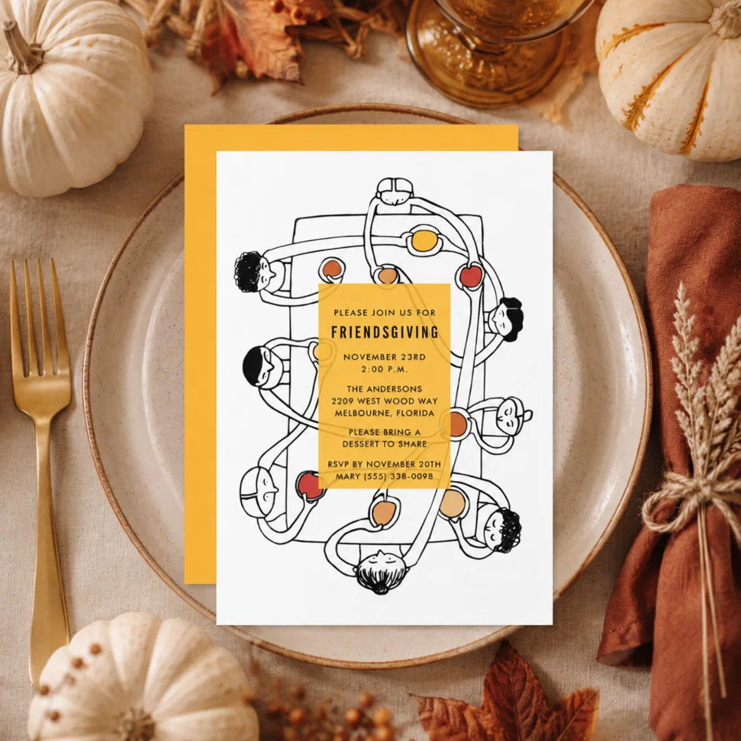 A Friendsgiving invitation with a black line drawing of friends reaching across a dinner table seen from above and a mustard yellow panel at the center, layered on a yellow envelope and set on a ceramic plate with white pumpkins, a gold fork, a rust linen napkin, and autumn leaves.