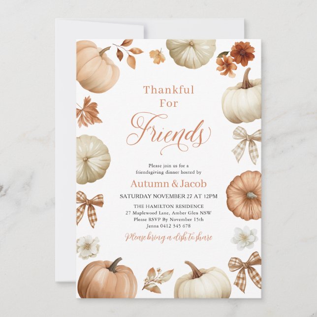 Friendsgiving Thanksgiving Dinner Pumpkin Bows Invitation (Front)
