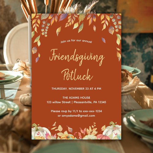 Friendsgiving Thanksgiving Potluck Fall Leaves Invitation