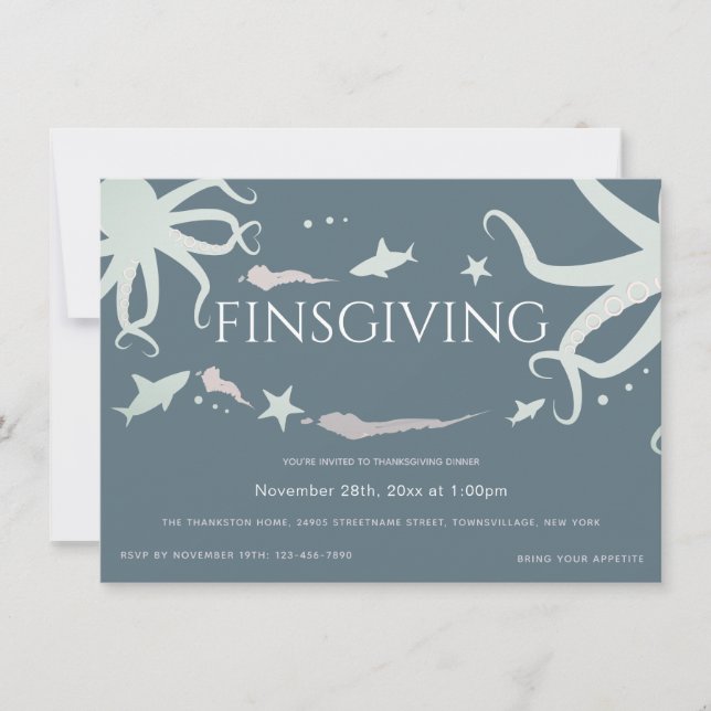 Friendsgiving Thanksgiving Sea Life Blue Gray Pink Invitation (Front)