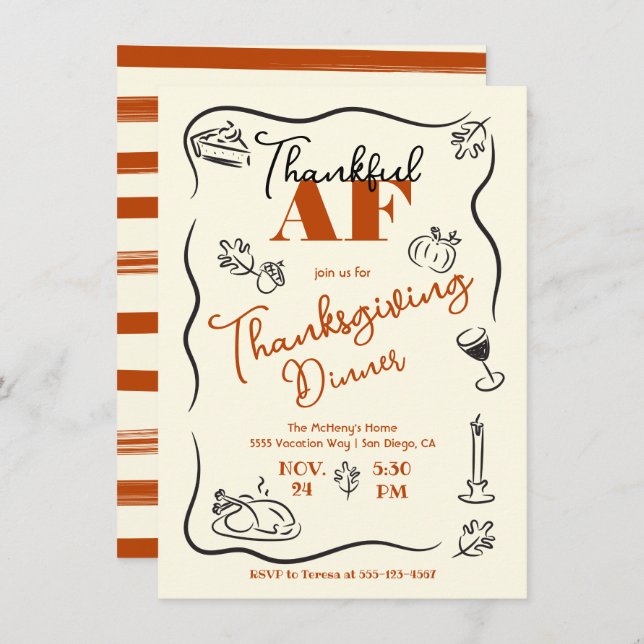 Friendsgiving Thanksgiving Thankful AF hand drawn Invitation (Front/Back)