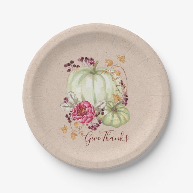 Friendsgiving Thanksgiving Watercolor Pumpkin Paper Plates (Front)