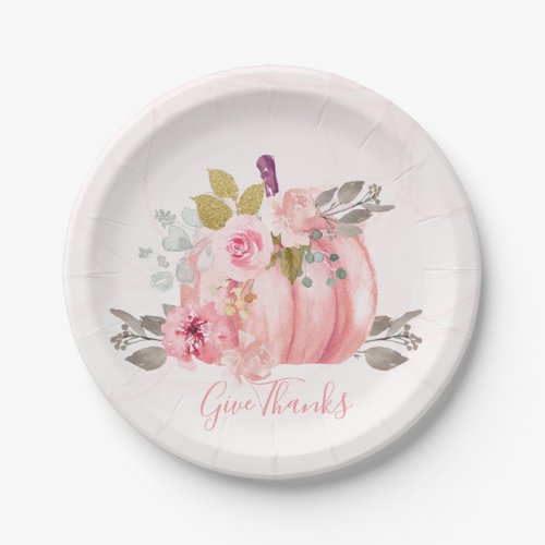 Friendsgiving Thanksgiving Watercolor Pumpkin Pink Paper Plates