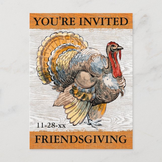 Friendsgiving Turkey Rustic Thanksgiving Dinner Invitation Postcard (Front)
