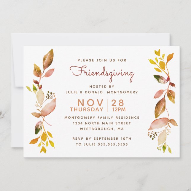 Friendsgiving Watercolor Autumn Botanical Leaves Invitation (Front)