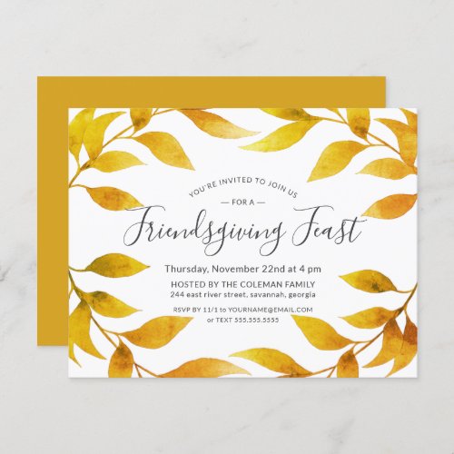 Friendsgiving Watercolor Autumn Gold Willow Wreath Invitation