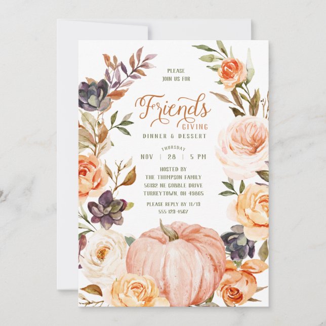 Friendsgiving Watercolor Floral Pumpkin Invitation (Front)