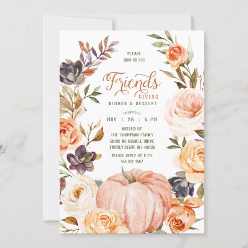 Friendsgiving Watercolor Floral Pumpkin Invitation