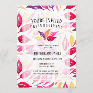 Friendsgiving Watercolor Pink Purple Yellow Leaves Invitation