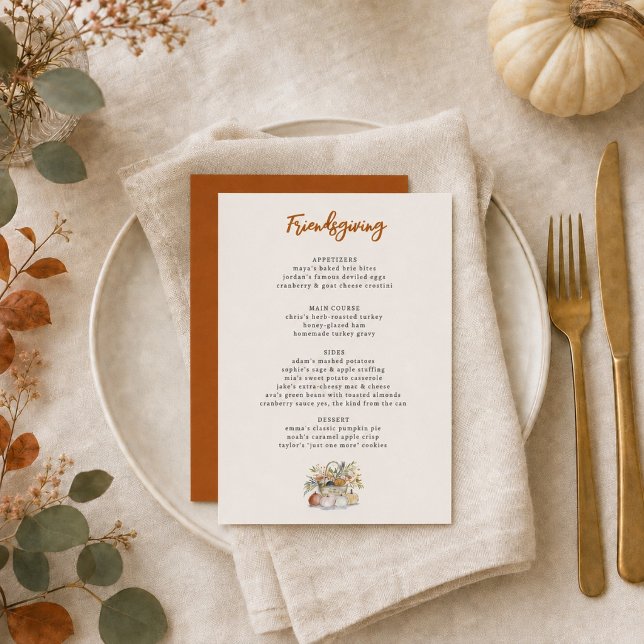  Friendsgiving Watercolor Potluck Fall Dinner  Menu (Creator Uploaded)