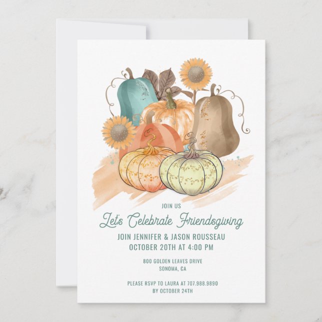 Friendsgiving Watercolor Pumpkins Invitation (Front)