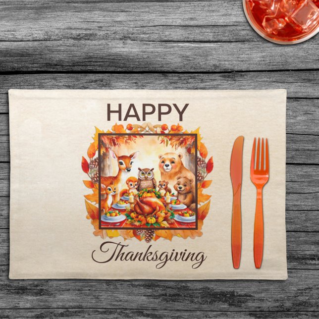 Friendsgiving Woodland Animals Autumn Leaves Cloth Placemat (Creator Uploaded)