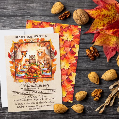 Friendsgiving Woodland Animals Autumn Leaves Invitation