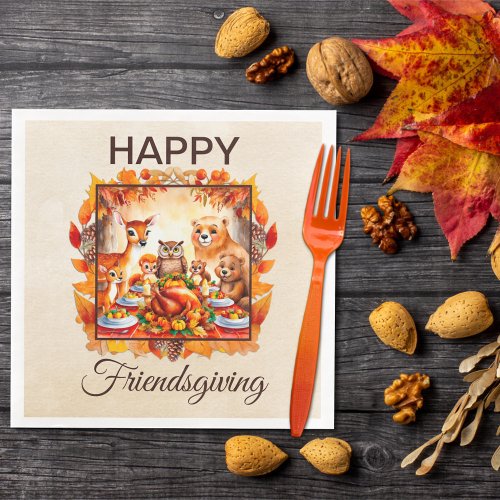 Friendsgiving Woodland Animals Autumn Leaves Paper Dinner Napkins