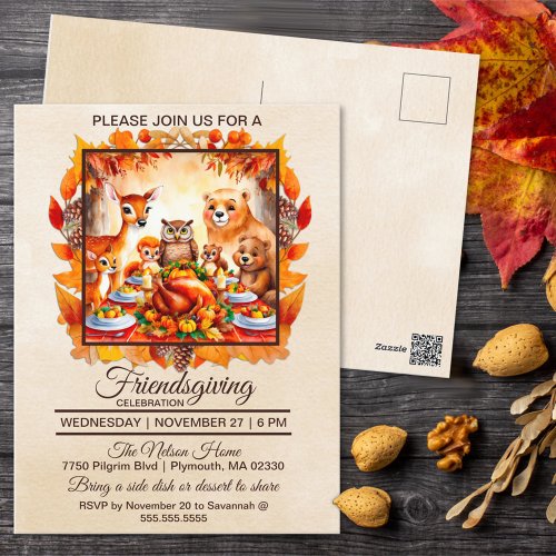 Friendsgiving Woodland Animals Autumn Leaves Postcard