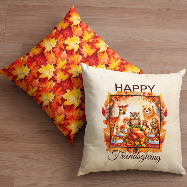 Friendsgiving Woodland Animals Autumn Leaves Throw Pillow (Creator Uploaded)