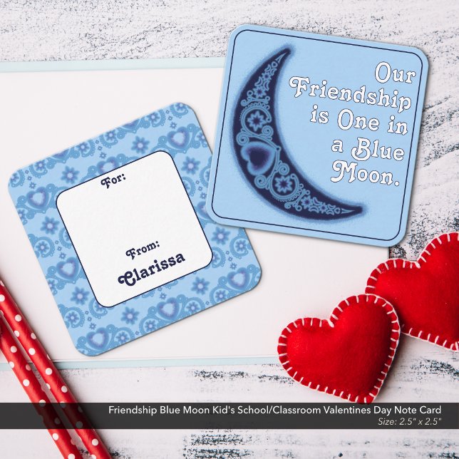 Friendship Blue Moon Kid's School Valentine's Day Note Card (Our Friendship is One in a Blue Moon Kid's School/Classroom Valentine's Day Card)