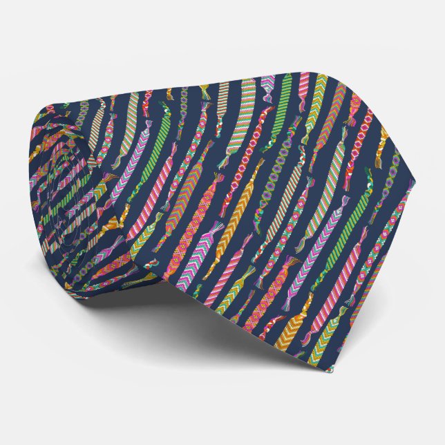 Friendship Bracelets Pattern on Navy Blue Neck Tie (Rolled)