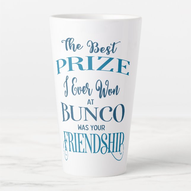 Friendship Bunco Best Prize Typography Blue Modern Latte Mug (Front)