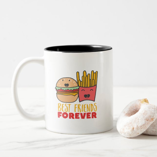 Friendship Burger and Fries Best Friends Forever Two-Tone Coffee Mug (With Donut)