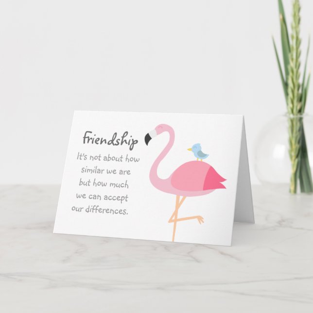 Friendship Cartoon: Pink Flamingo with Blue Bird Card (Front)