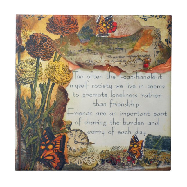 Friendship Flowers Butterflies Mixed Media Collage Ceramic Tile (Front)