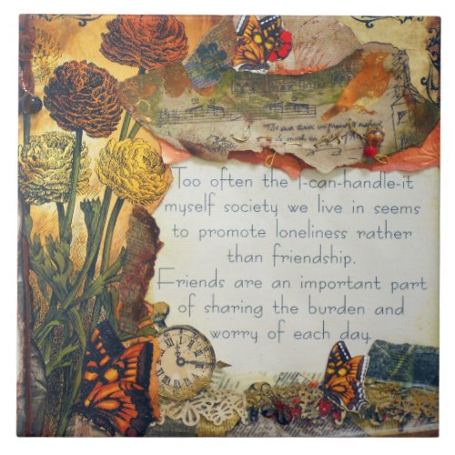 Friendship Flowers Butterflies Mixed Media Collage Ceramic Tile