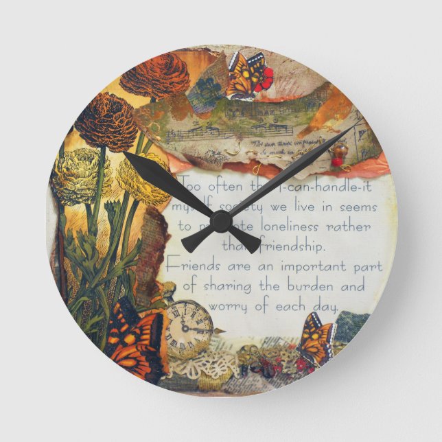 Friendship Flowers Butterflies Mixed Media Collage Round Clock (Front)