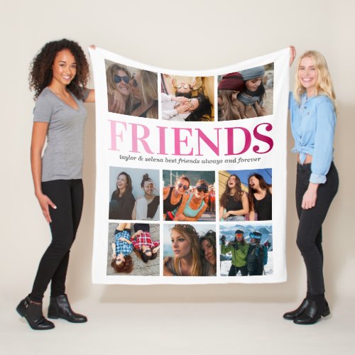 Friendship Gift | Friend Photo Collage Fleece Blanket - Personalized bff friendship fleecy blanket featuring a chic white background that can be changed to any color, 9 photos of you and your bestie, the word "friends" in a trendy pink gradient, your names, and a editable friendship quote.