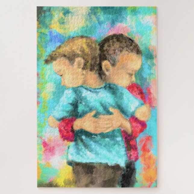 Friendship - Kids Hugging - Peace Love - Painting Jigsaw Puzzle (Vertical)