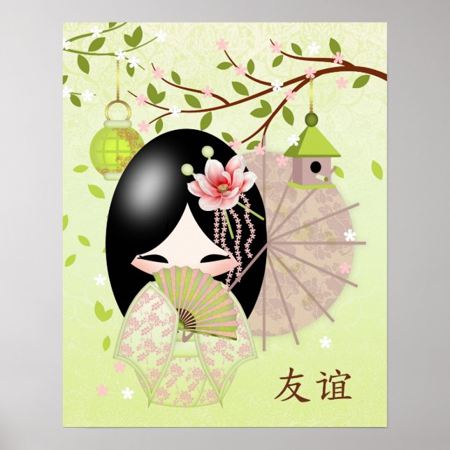 Friendship , Kokeshi Doll In Spring Green Blends Poster (Front)
