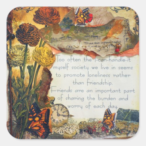 Friendship Mixed Media Flowers Butterflies Collage Square Sticker