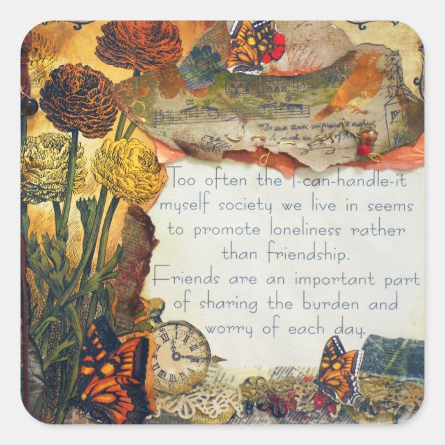 Friendship Mixed Media Flowers Butterflies Collage Square Sticker (Front)