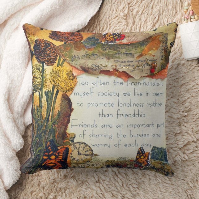 Friendship Mixed Media Flowers Butterflies Collage Throw Pillow (Blanket)