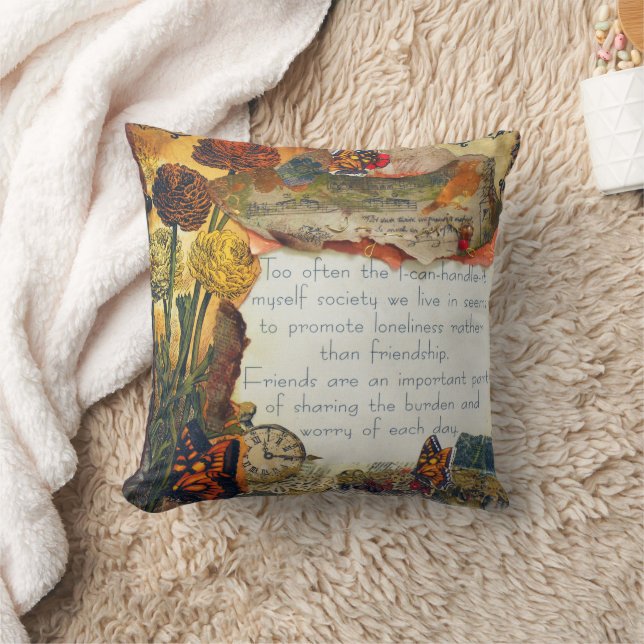 Friendship Mixed Media Flowers Butterflies Collage Throw Pillow (Blanket)