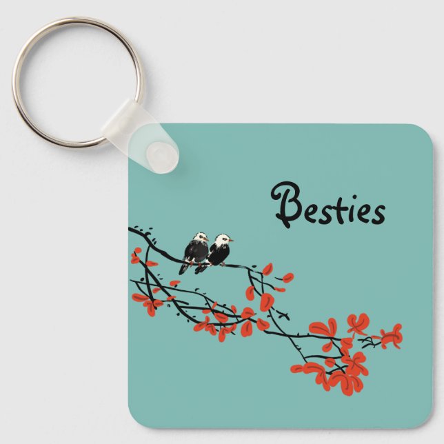 Friendship Quote Two Birds Red Leaf Monogram  Keychain (Front)