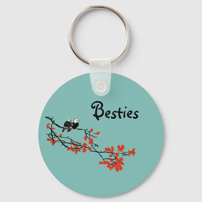 Friendship Quote Two Birds Red Leaves Monogram  Keychain (Front)