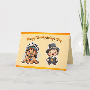 Friendship Thanksgiving Card-Cute Pilgirm & Indian Holiday Card
