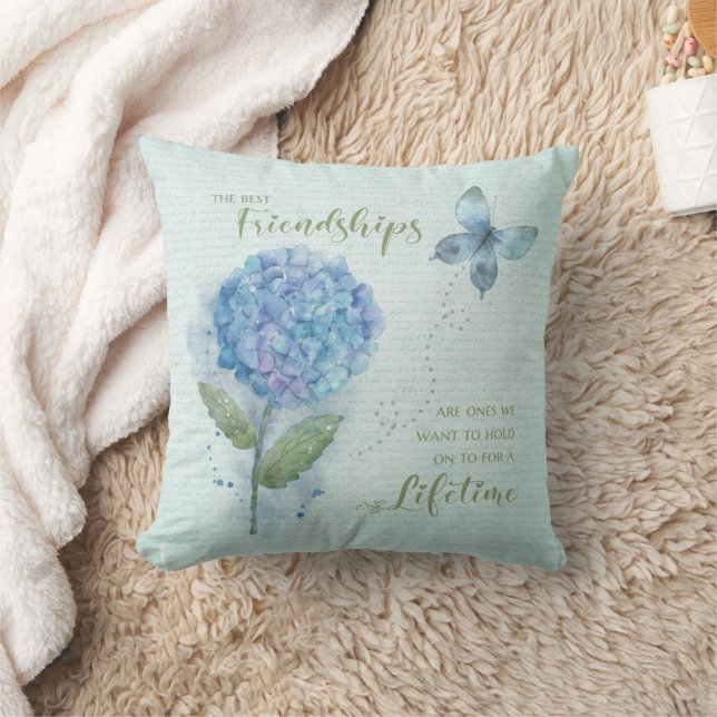 Friendship Watercolor Blue Hydrangea and Butterfly Throw Pillow (Blanket)