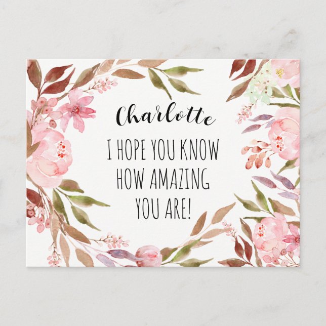 Friendship Watercolor Pink Peonies Personalized Postcard (Front)