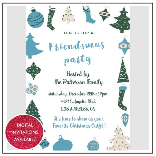 Friendsmas invitations Cute green blue