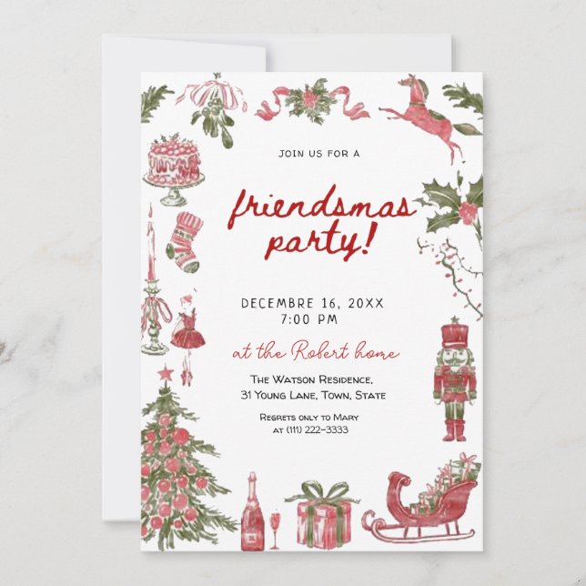  Friendsmas Whimsical Doodle Christmas Party Invitation (Front)