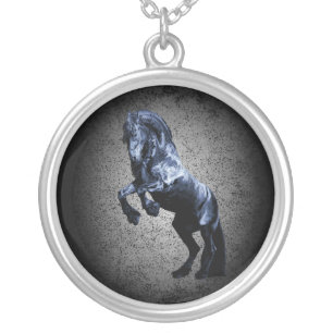 Friesian, black beauty stallion, cartooned, grey silver plated necklace