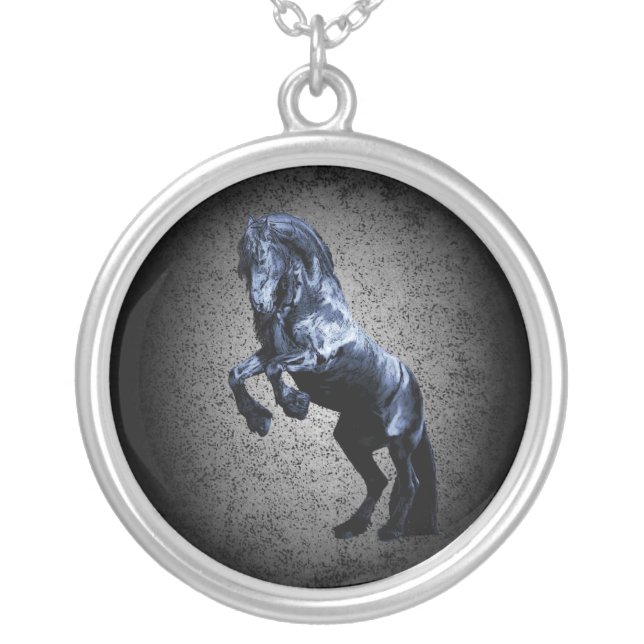 Friesian, black beauty stallion, cartooned, grey silver plated necklace (Front)