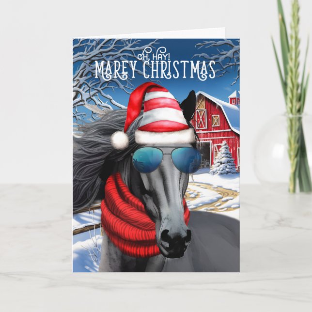 Friesian Black Horse Funny MAREy Christmas Holiday Card (Front)